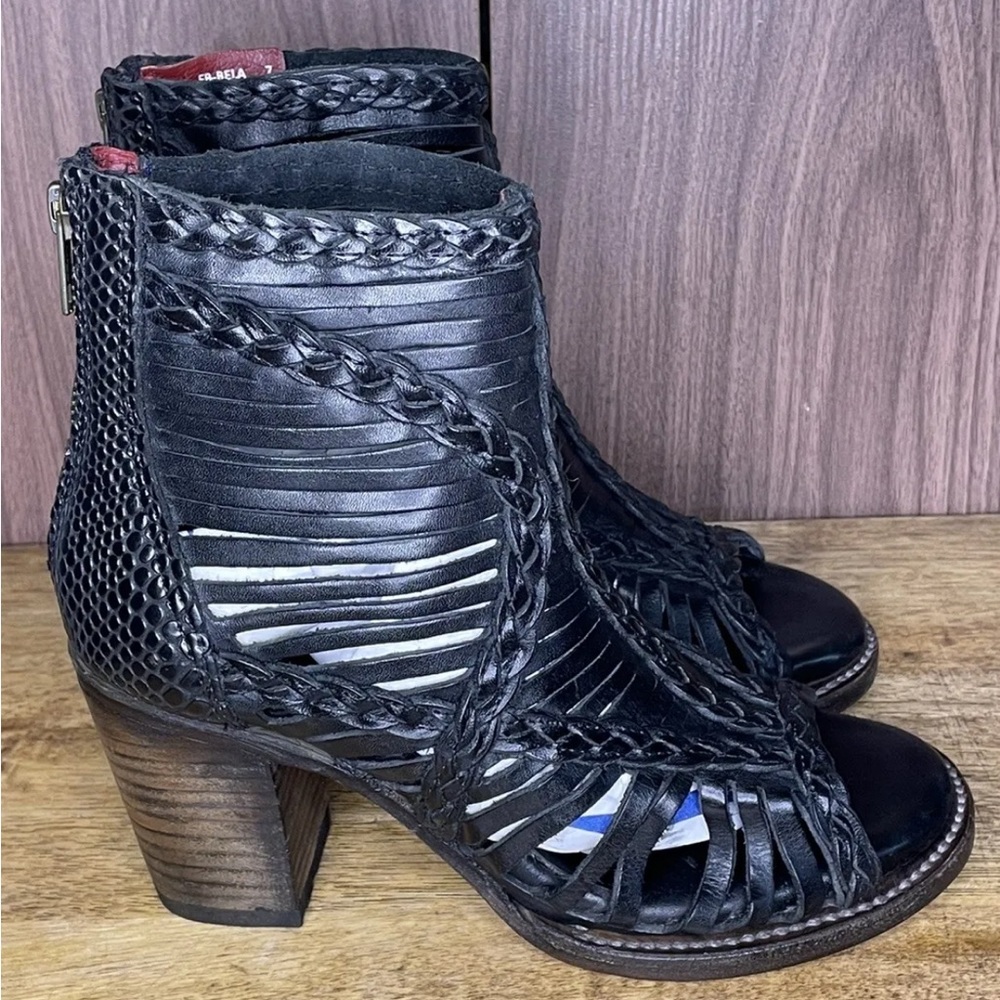 Freebird Bela Open Toed Leather Sandals Heeled Laser Cut Braided Size 7